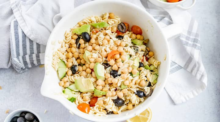 This Mediterranean chickpea pasta salad is packed with nutritious ingredients